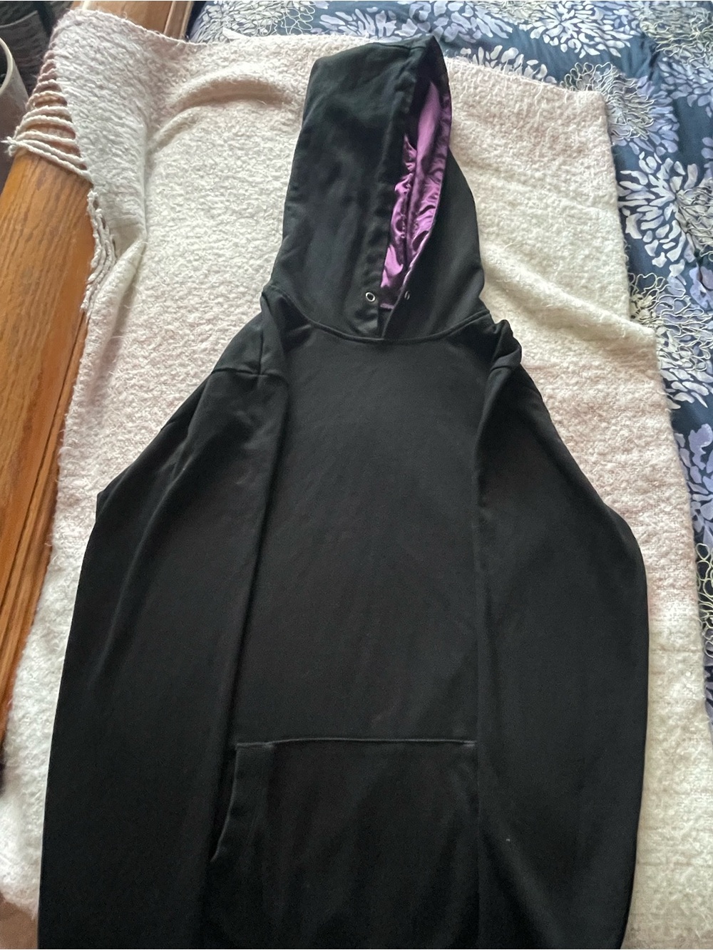 Black Hooded Pullover Sweater with Purple-Lined Hood